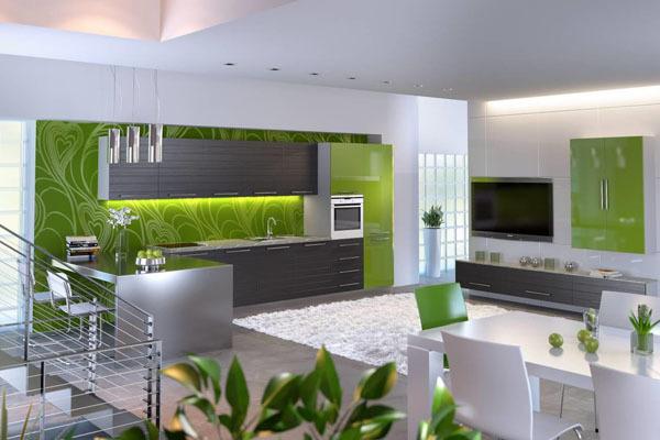 Projeto da cozinha em tons de verde - moderno e elegante