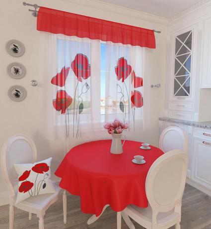 Acessórios e tecidos vermelhos em uma pequena cozinha