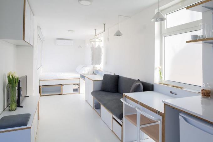 Apartment-transformador de 15 m² com cozinha, sala e quarto
