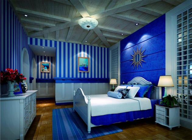 Foto de um quarto com uma tonalidade azul em toda a sala