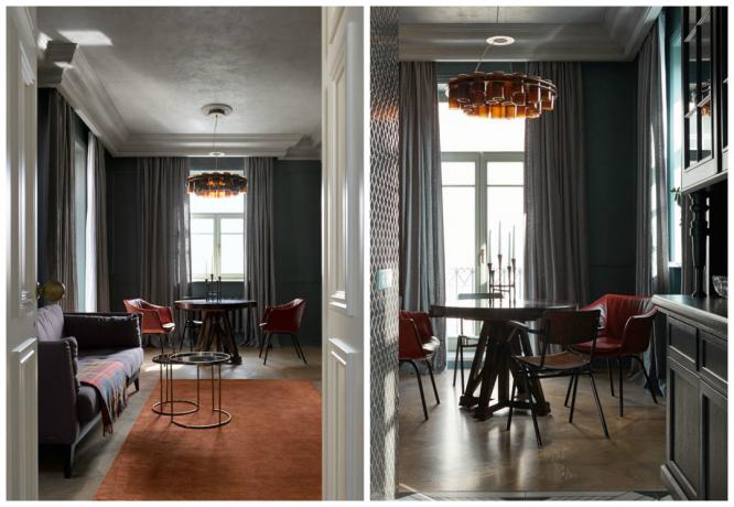 Pedaço kopeck elegante de 80 m² com o interior em cores escuras