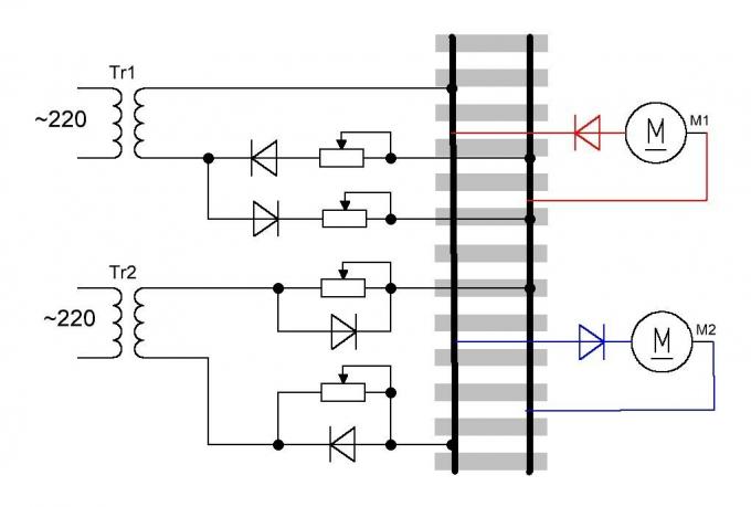 Um controlo simples circuito dois motores de corrente contínua da mesma linha de alimentação