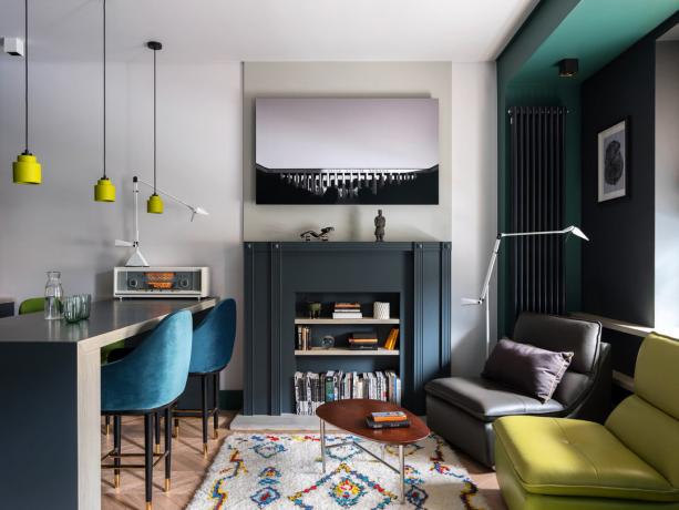 Quarto verde, cozinha e teto: odnushka Stylish 38 m²