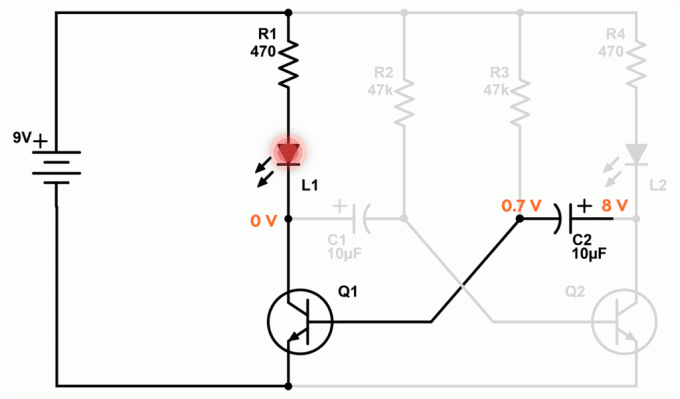 Desde a tensão do capacitor C2 atinge rapidamente 7-8, quando as luzes LED do lado esquerdo.