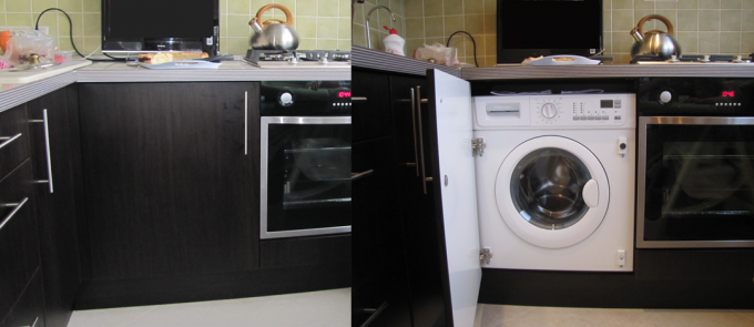 Máquina de lavar roupa na cozinha: instruções em vídeo do tipo "faça você mesmo" para a instalação, os prós e os contras dessa instalação, como ocultar, encaixar no interior, armário, preço, foto