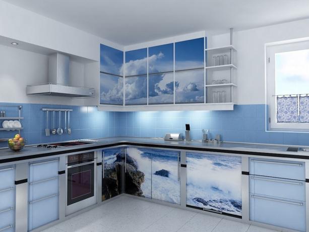 Cozinhas com impressão de fotos (51 fotos): instruções de DIY para a escolha, exemplos de móveis de cozinha
