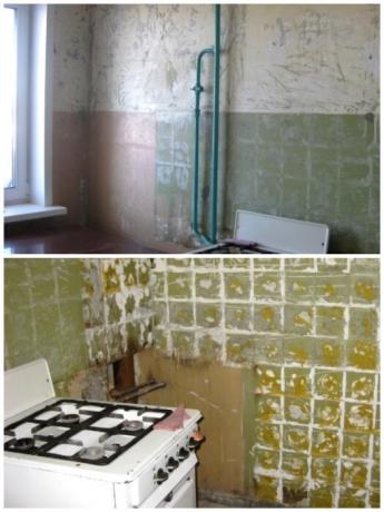 Para começar, realizado todos os móveis e limpar as paredes dos antigos azulejos e papel de parede. | Foto: youtube.com.