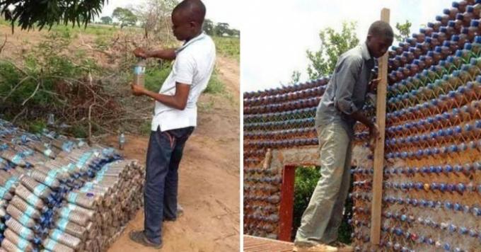 Em um campo de refugiados cara construiu sua própria casa fora de garrafas de plástico, para não huddle em uma tenda escura