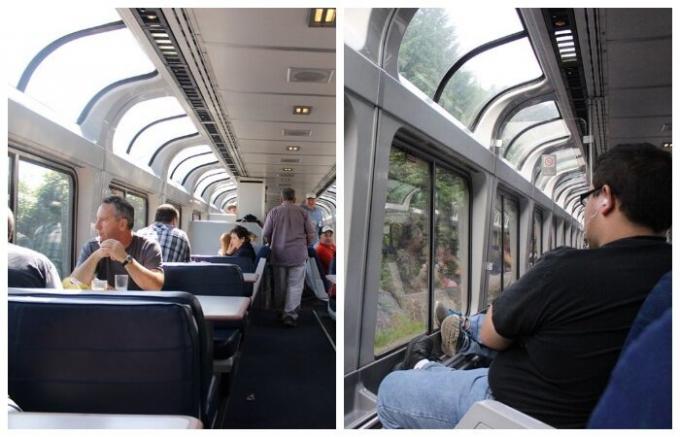 vagão-restaurante e um trem de excursão especial é equipado com janelas panorâmicas, de modo que os passageiros podem apreciar a paisagem (EUA).