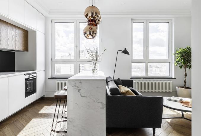 Odnushka um quarto de 35 m² com um acabamento de madeira e mármore