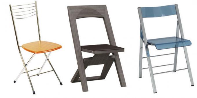 A foto mostra vários exemplos de cadeiras dobráveis ​​para cozinha.