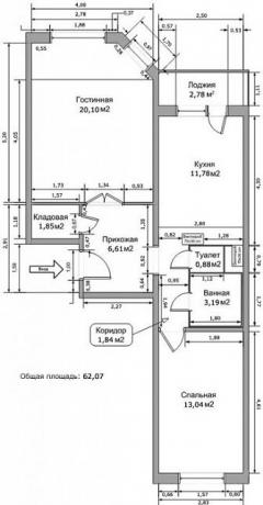 Layout de um apartamento de dois quartos em uma casa da série IP-46S com todas as dimensões