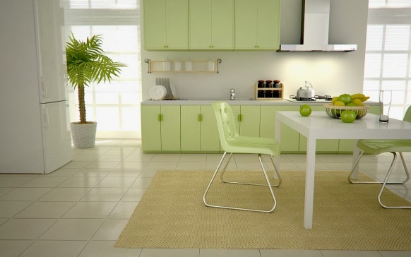 Papel de parede branco para uma cozinha verde, irá enfatizar favoravelmente a ternura dos tons claros de folhagem
