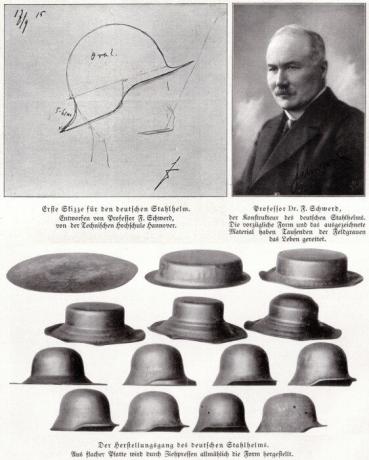 O processo de formação do capacete e autor de ideias Stahlhelm M16 Dr. Friedrich Shverd.